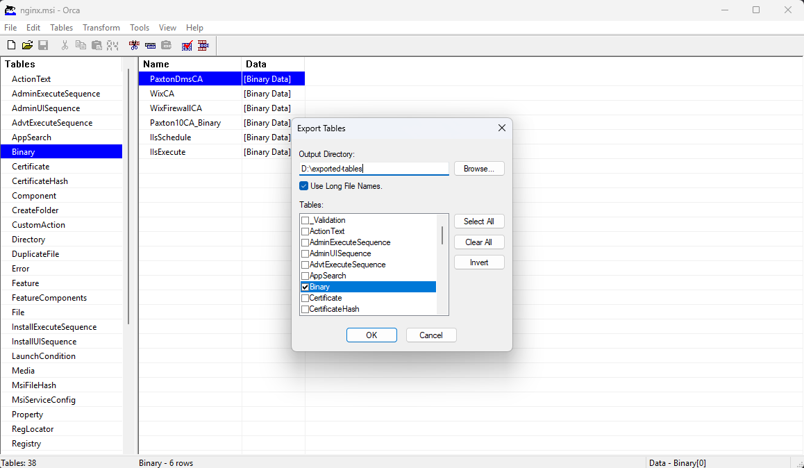 ORCA exporting Binary tables